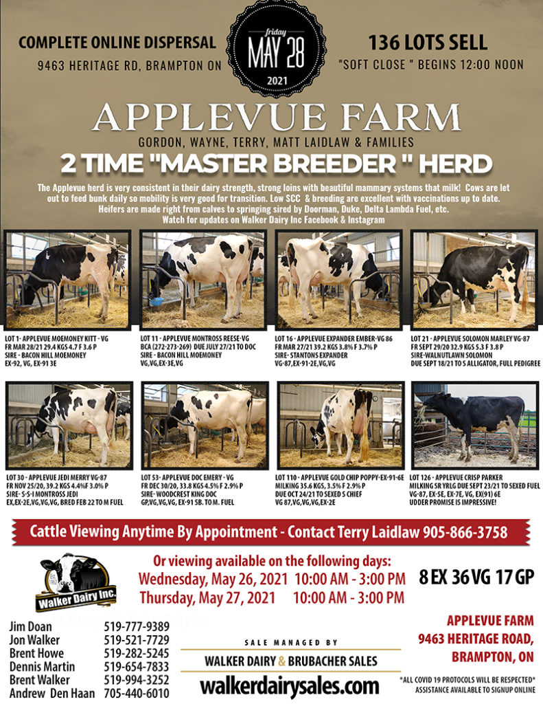 Friday, May 28, 2021 APPLEVUE FARM Special Auction Walker Dairy Sales